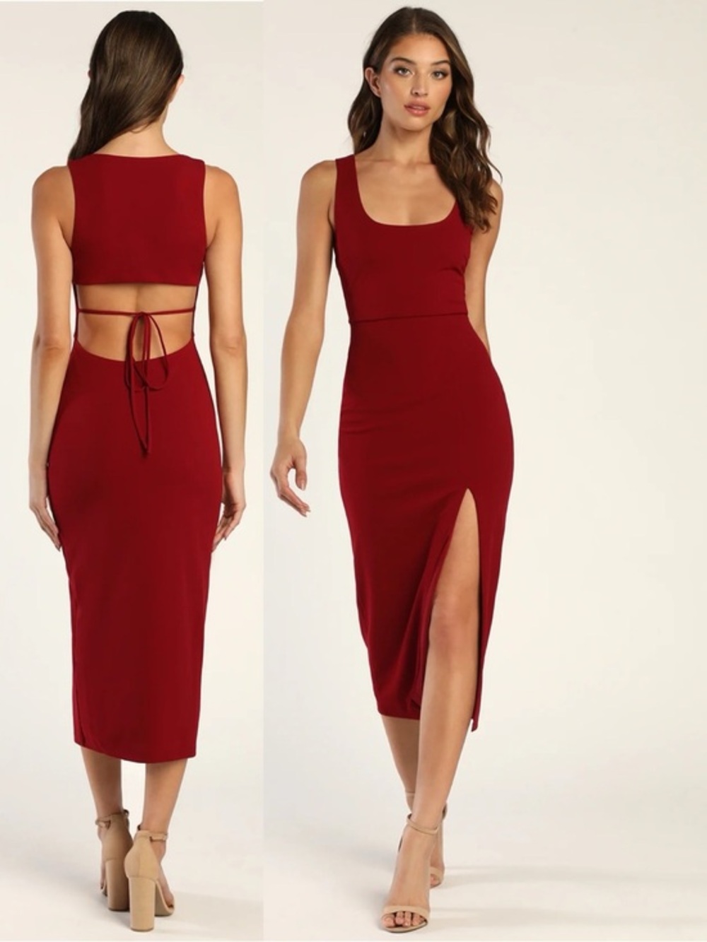 NWT Lulu’s Sultry Elegance Wine Red Cutout Bodycon Midi Dress Medium Chic XS